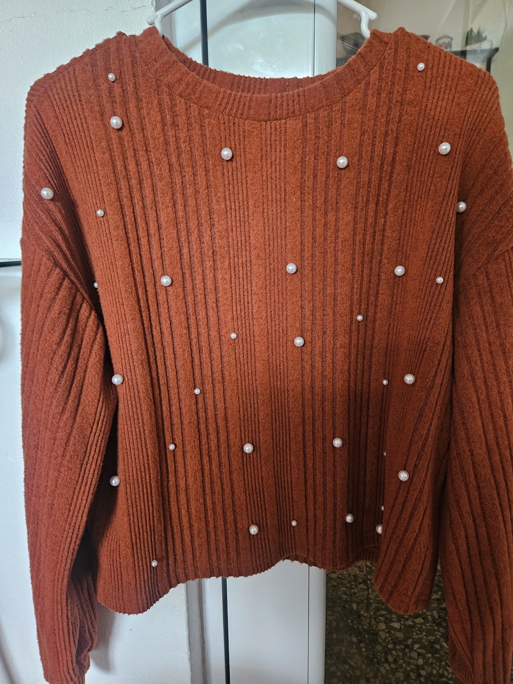 SHEIN Rust Ribbed Crewneck Sweater with Pearl Trim